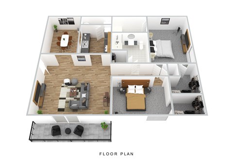 a 3d floor plan of a home with a bedroom and a living room
